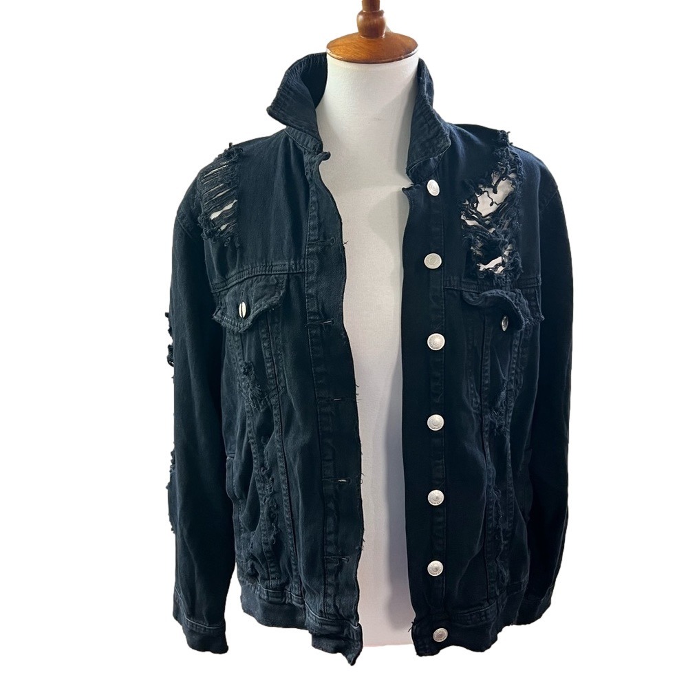 ASOS Thrashed Black Denim Trucker Jacket Destroyed Distressed Size Medium - Picture 3 of 14